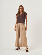 Conjunto Blusa Alessia Marrom e Calça Vera em malha canelada Bege