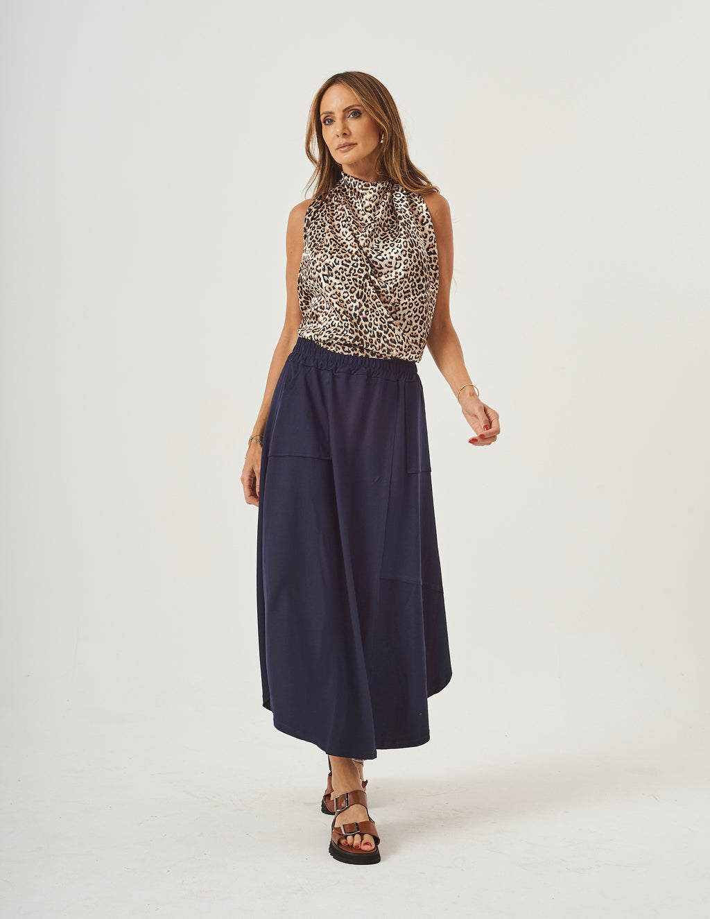 Conjunto Lenço animal Print e Saia Emma Azul Marinho