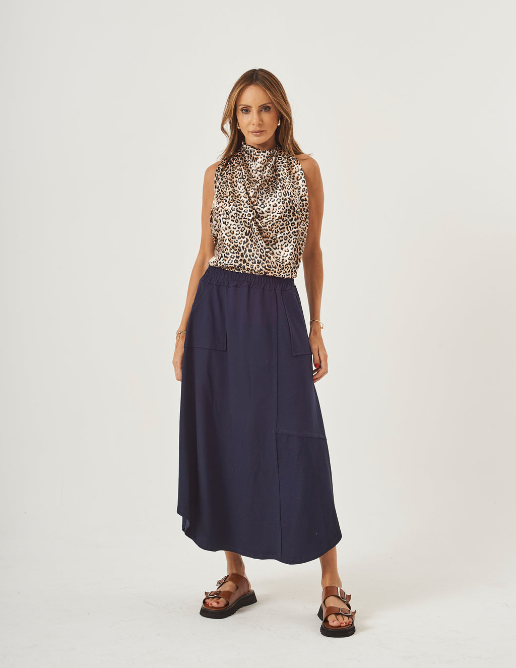 Conjunto Lenço animal Print e Saia Emma Azul Marinho