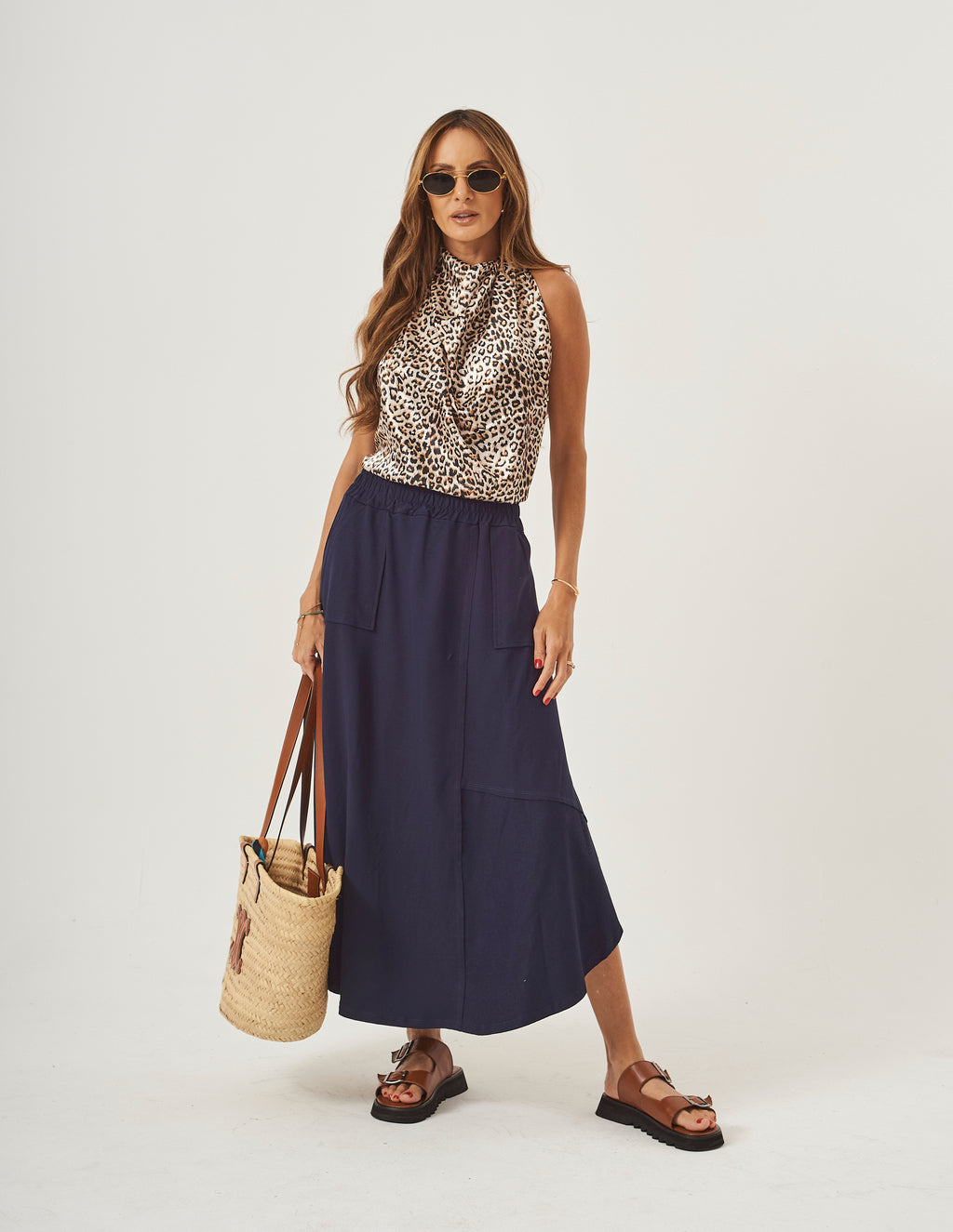 Conjunto Lenço animal Print e Saia Emma Azul Marinho