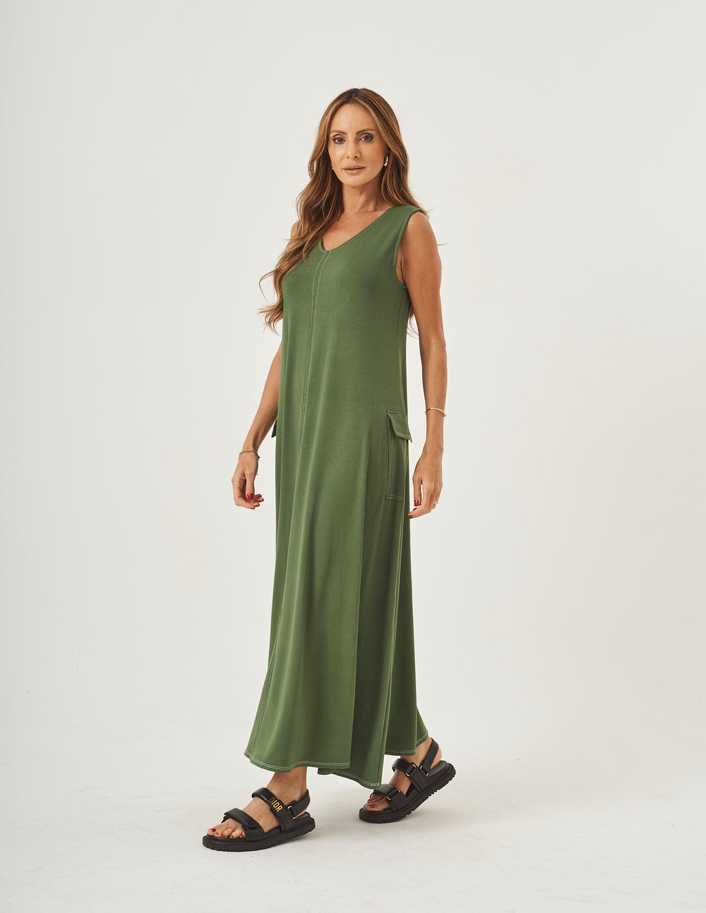 Vestido Pespontado Anastasia Verde Militar