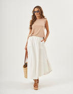 Conjunto Blusa Regata Fendas Bege e Saia Emma Off White