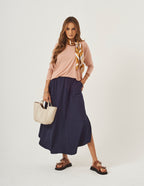 Conjunto Blusa Eva Bege e Saia Emma Azul Marinho
