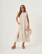 Vestido Clara Off Listras Bege