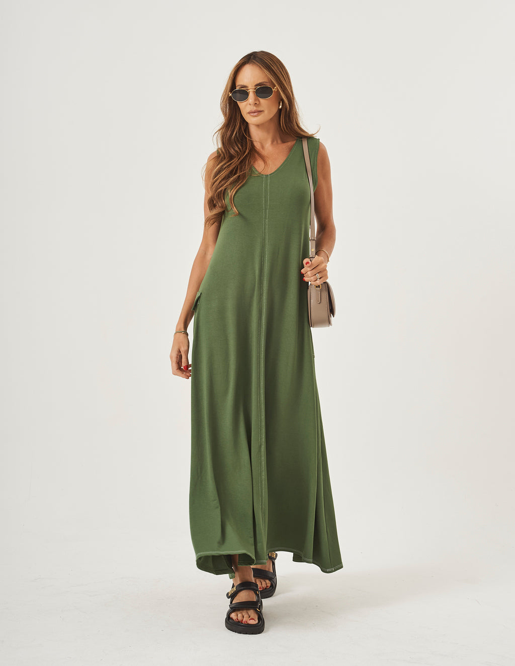 Vestido Pespontado Anastasia Verde Militar