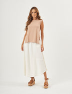Conjunto Blusa Regata Fendas Bege e Saia Emma Off White