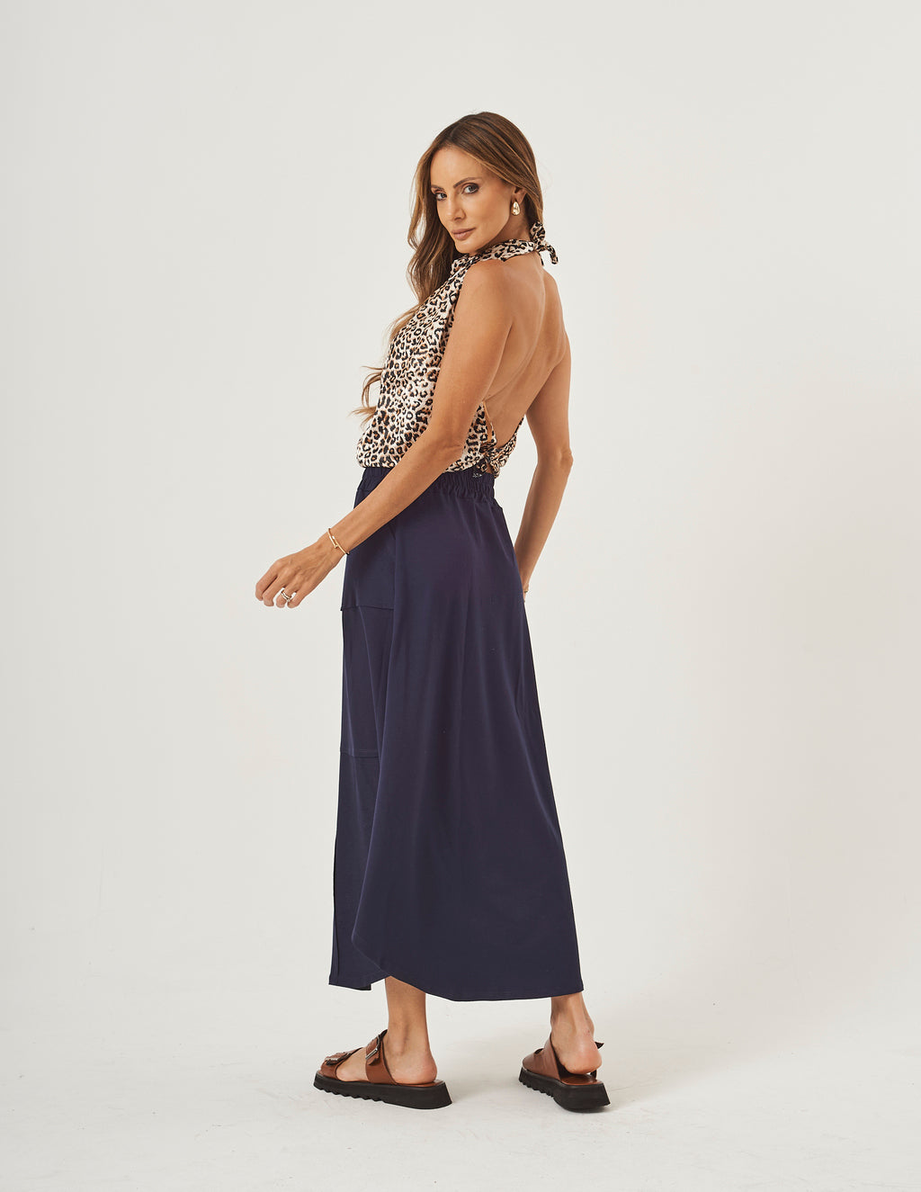 Conjunto Lenço animal Print e Saia Emma Azul Marinho