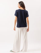 Conjunto Blusa Transpassada Marinho e Calça Pantalona Panama Off white