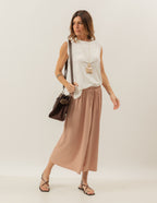 Conjunto Blusa Regata Fendas Off White e Calça Mônaco Bege