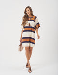 Vestido Maite Estampa Listras azul caramelo e bege
