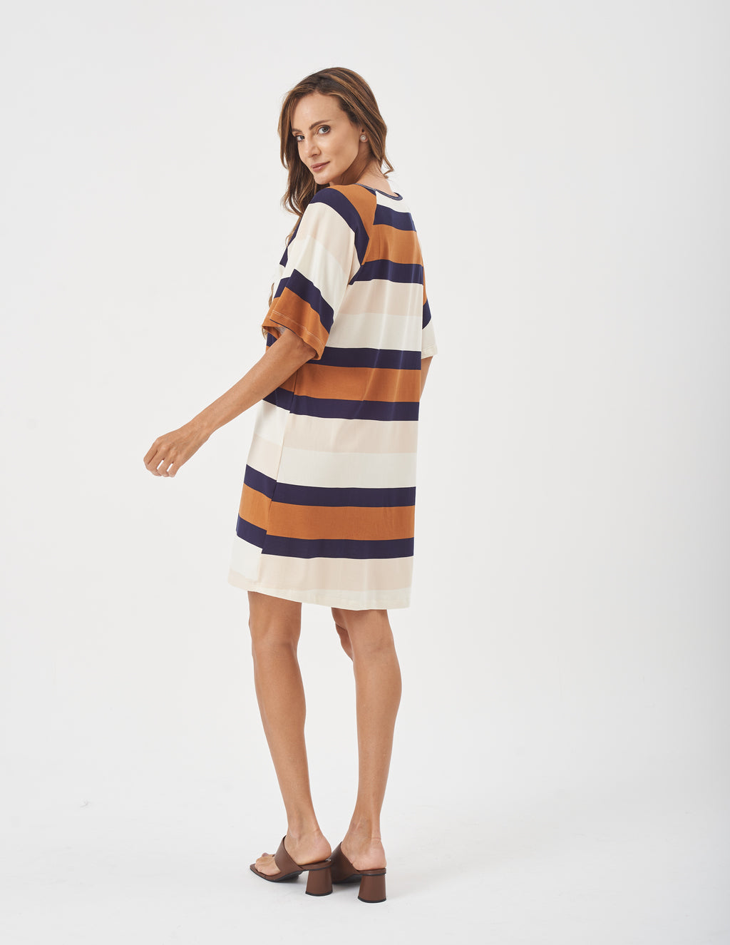 Vestido Maite Estampa Listras azul caramelo e bege