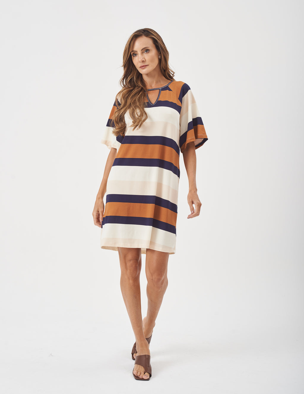Vestido Maite Estampa Listras azul caramelo e bege