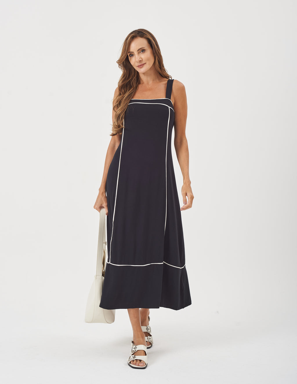 Vestido Antonella Preto com Detalhes em Off White