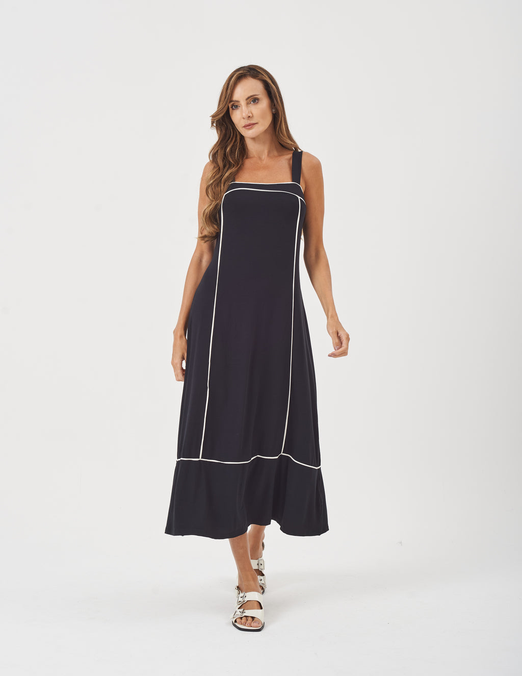 Vestido Antonella Preto com Detalhes em Off White