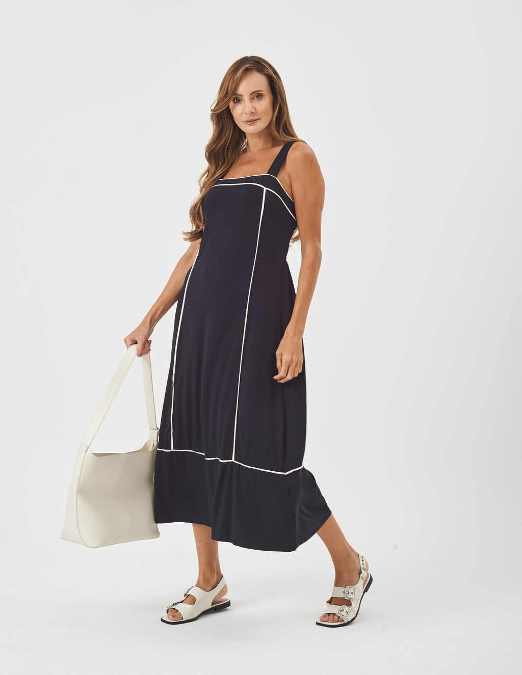 Vestido Antonella Preto com Detalhes em Off White