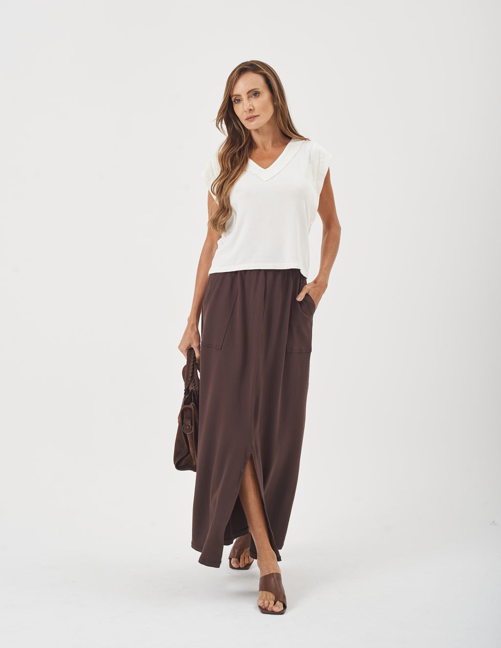 Conjunto Blusa Alessia Off White e Saia Valença Marrom
