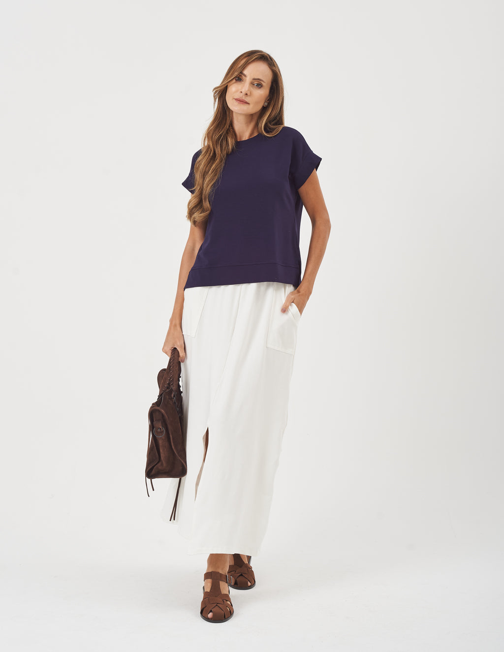 Conjunto Blusa Eleonora Azul Marinho e Saia Valença Off White