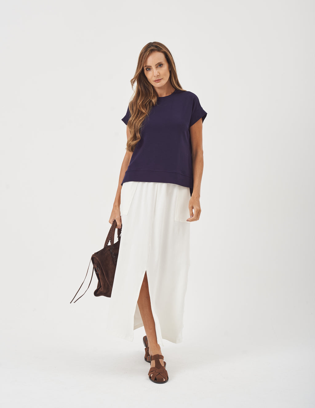 Conjunto Blusa Eleonora Azul Marinho e Saia Valença Off White