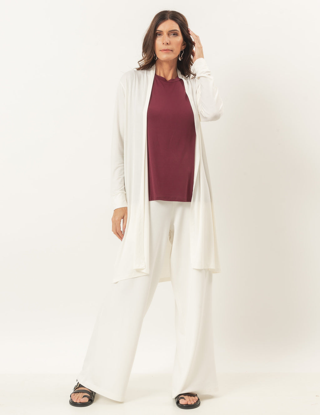 Trijunto Regata Fendas Bordo com Calça Panama Off White e Cardigan curto Off White