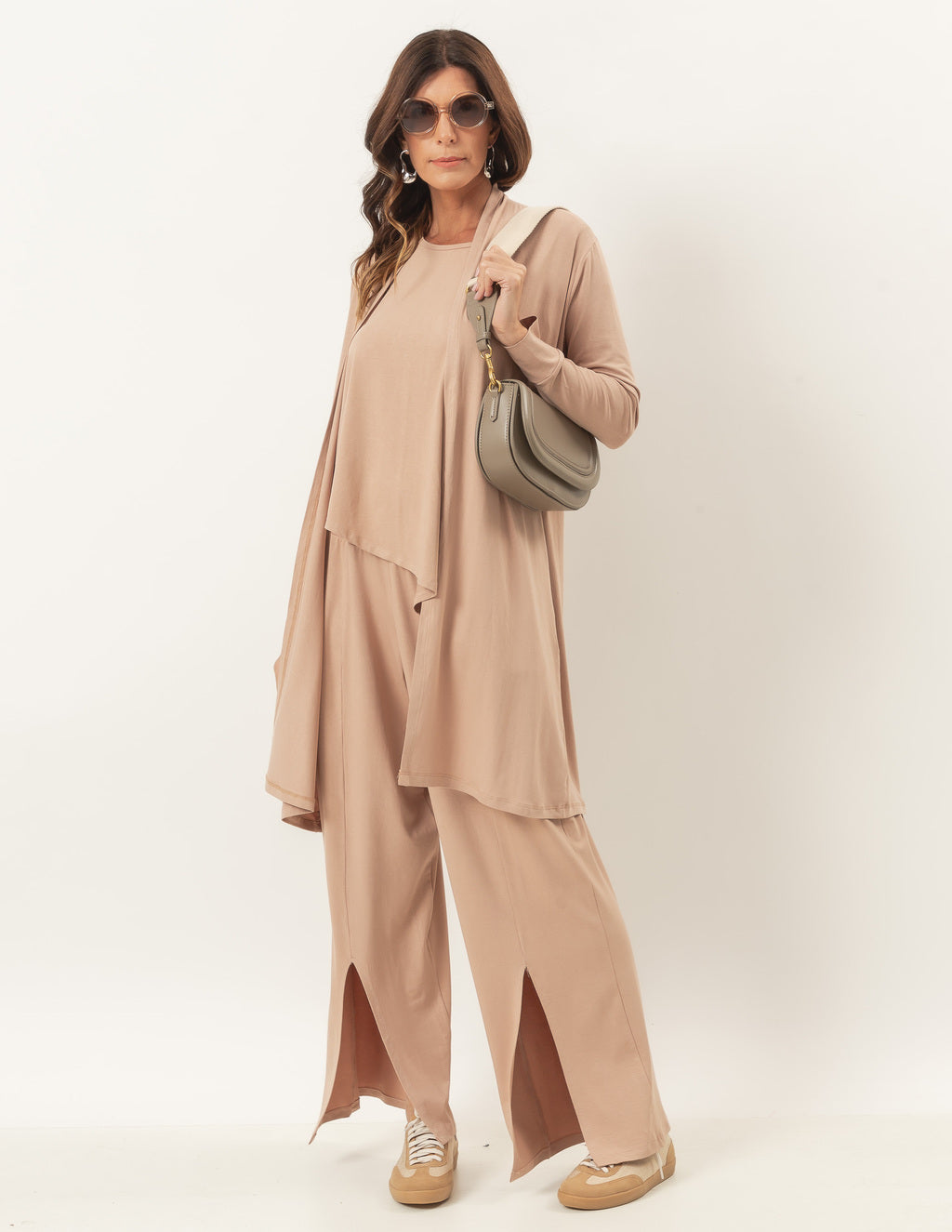 Trijunto Florence Bege com Cardigan Longo Bege