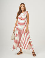 Vestido Clara Off White com listras Vermelhas