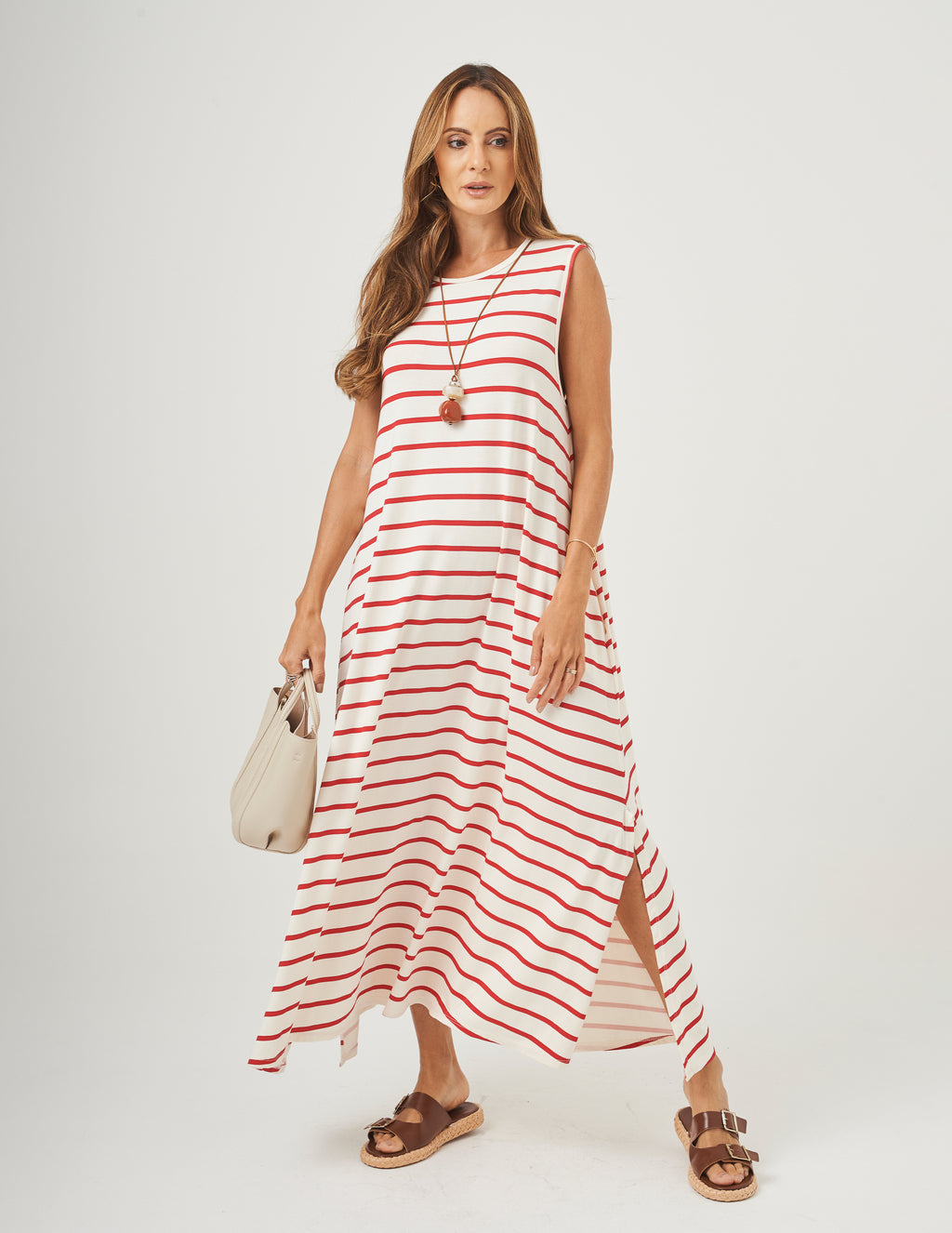 Vestido Clara Off White com listras Vermelhas