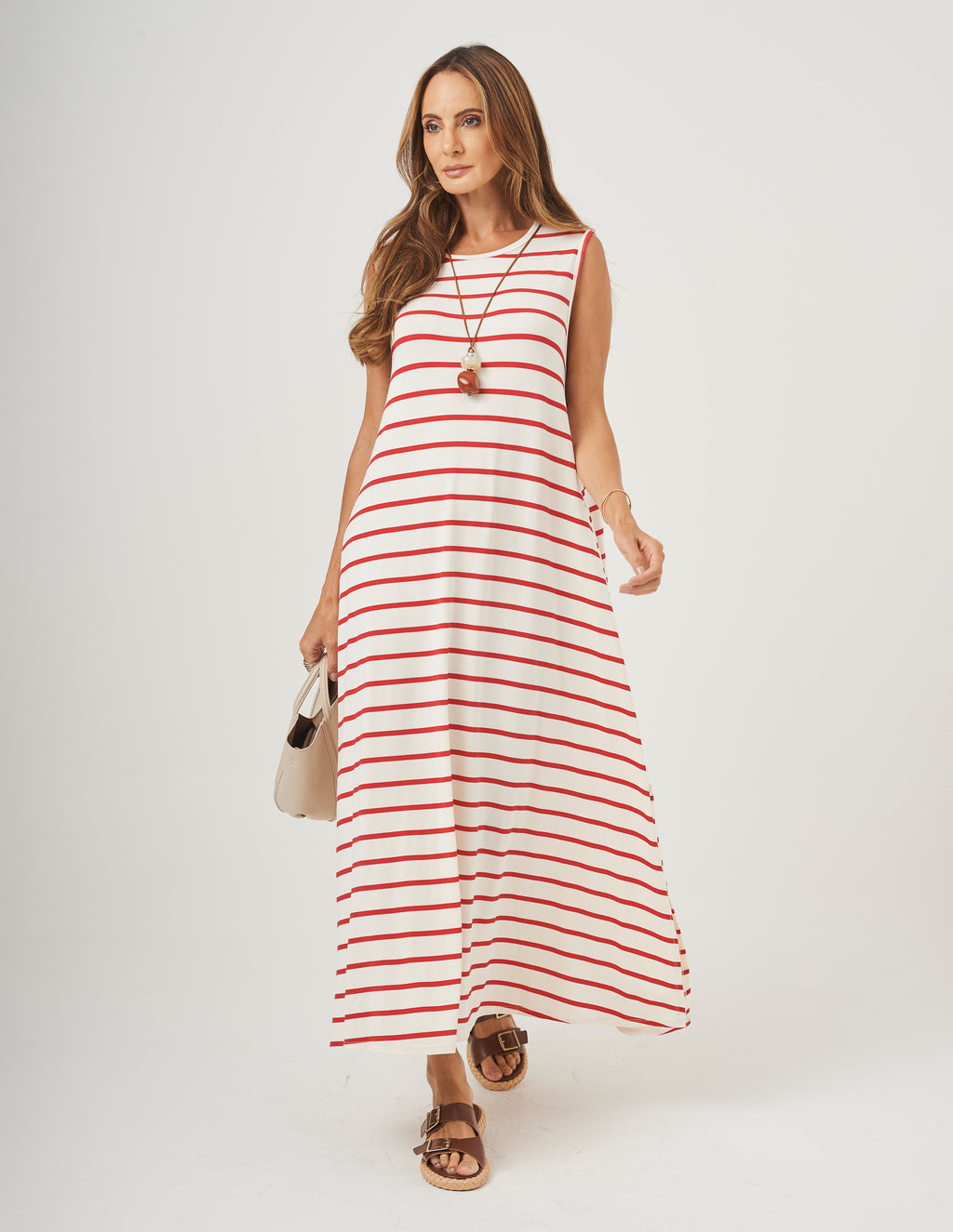 Vestido Clara Off White com listras Vermelhas
