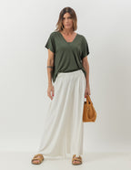 Conjunto Blusa Transpassada verde Militar e Calça Pantalona Cropped Vera Off White