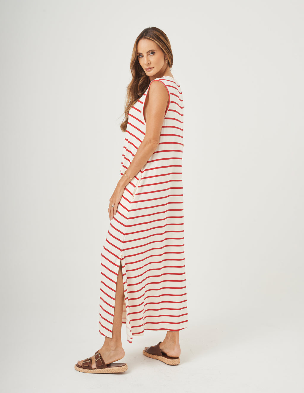 Vestido Clara Off White com listras Vermelhas