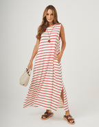 Vestido Clara Off White com listras Vermelhas