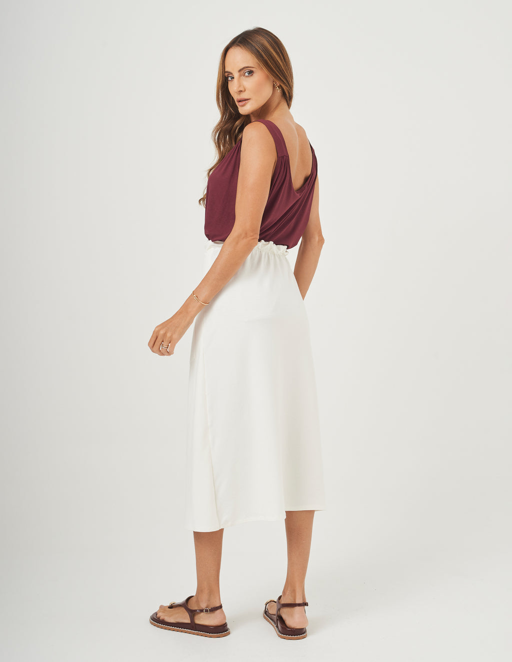 Conjunto Blusa Atenas Malbec e Saia Grécia Off White