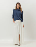 Conjunto Blusa Panamá Azul Marinho e Saia Valença Off White