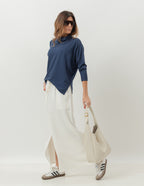 Conjunto Blusa Panamá Azul Marinho e Saia Valença Off White