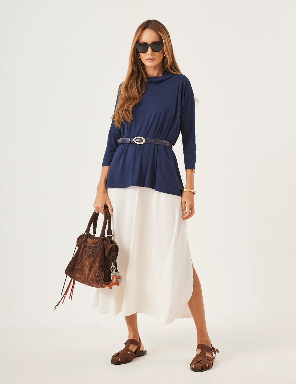 Conjunto Vestido Clara Off e Blusa Gola Boba Azul Marinho