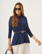 Conjunto Vestido Clara Off e Blusa Gola Boba Azul Marinho