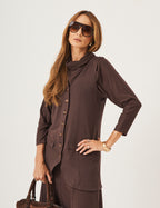 Conjunto Blusa Panamá Marrom, Colete Aurora Marrom e Saia Alessia Marrom