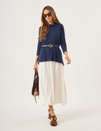 Conjunto Vestido Clara Off e Blusa Gola Boba Azul Marinho