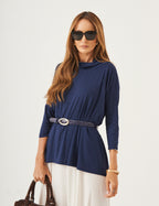 Conjunto Vestido Clara Off e Blusa Gola Boba Azul Marinho