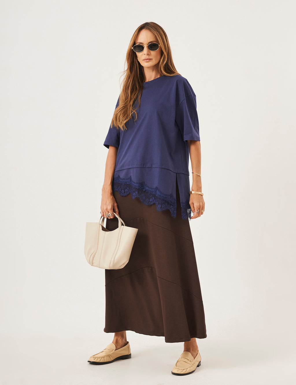 Conjunto Blusa Chiara Marinho e Vestido Charlotte Marrom (Efeito saia)