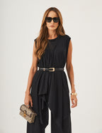 Conjunto Blusa Fendas Preta, Colete Kimono Preto e Calça Panamá Preta