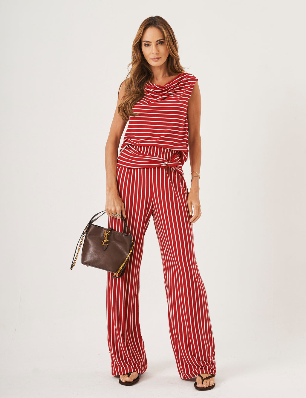 Conjunto Ella Listrado Vermelho e Branco