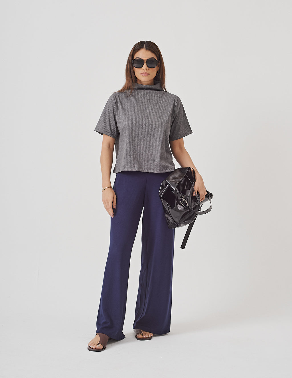 Conjunto Blusa Mônaco Mescla e Calça Panama Azul Marinho