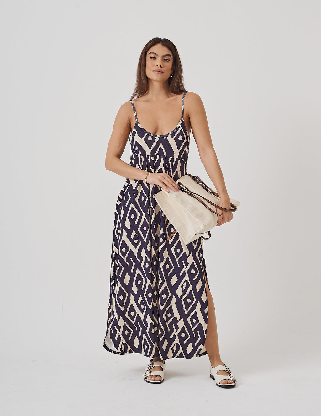 Vestido Luciana Estampado Azul e bege