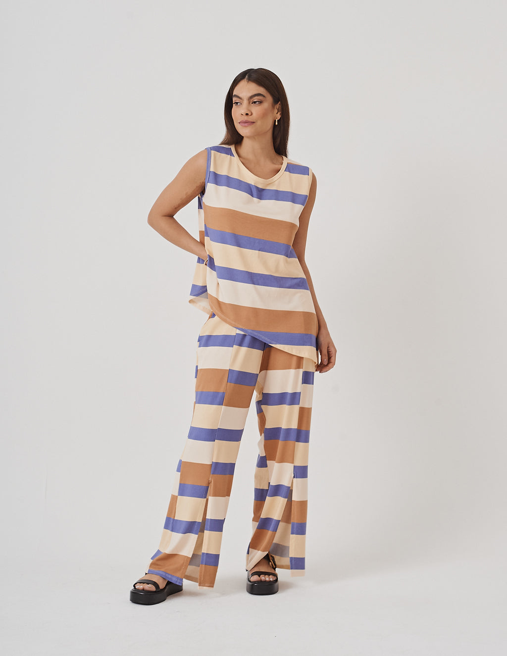 Conjunto Florence Listras Azul e Bege