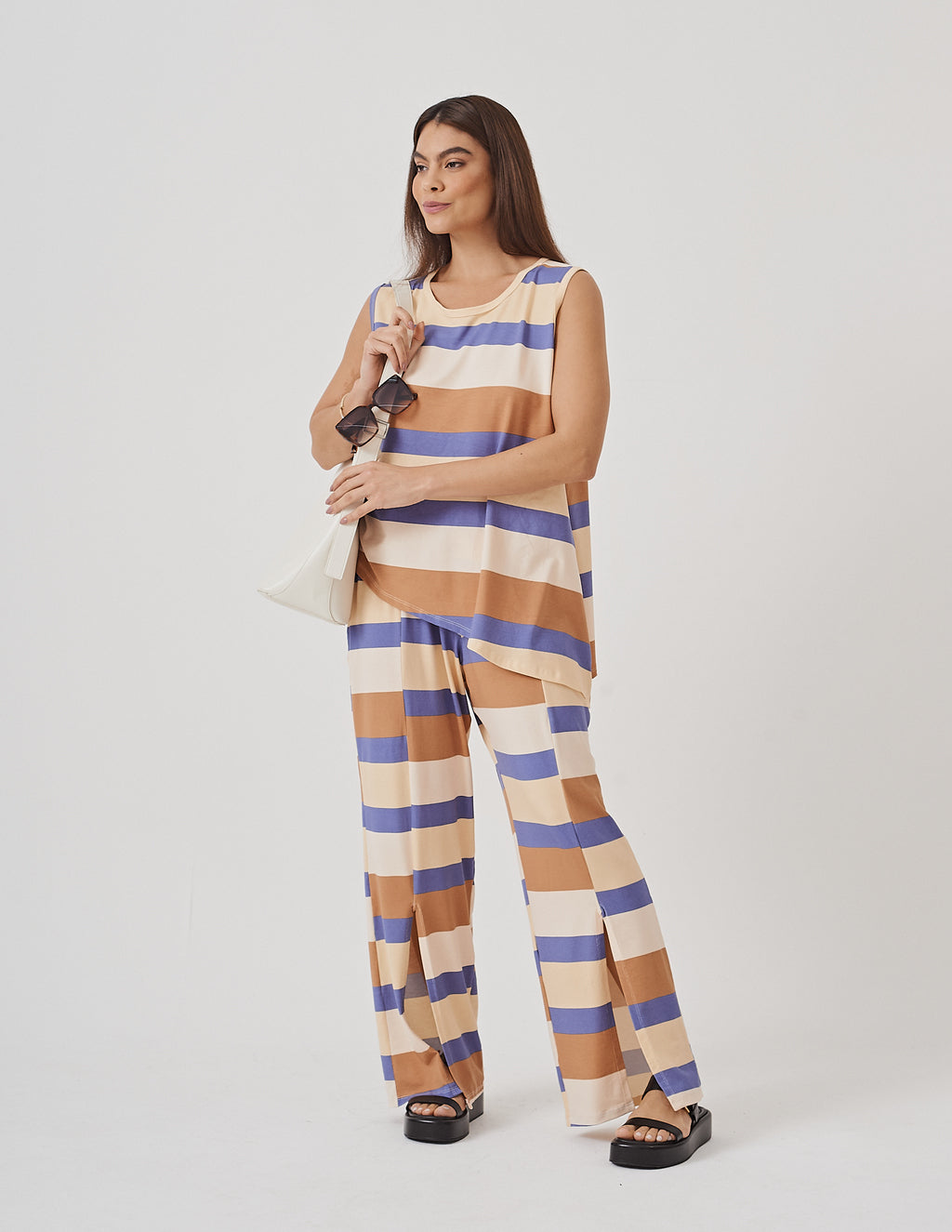 Conjunto Florence Listras Azul e Bege