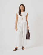 Calça Pantalona Cropped Vera em Malha Canelada Off white