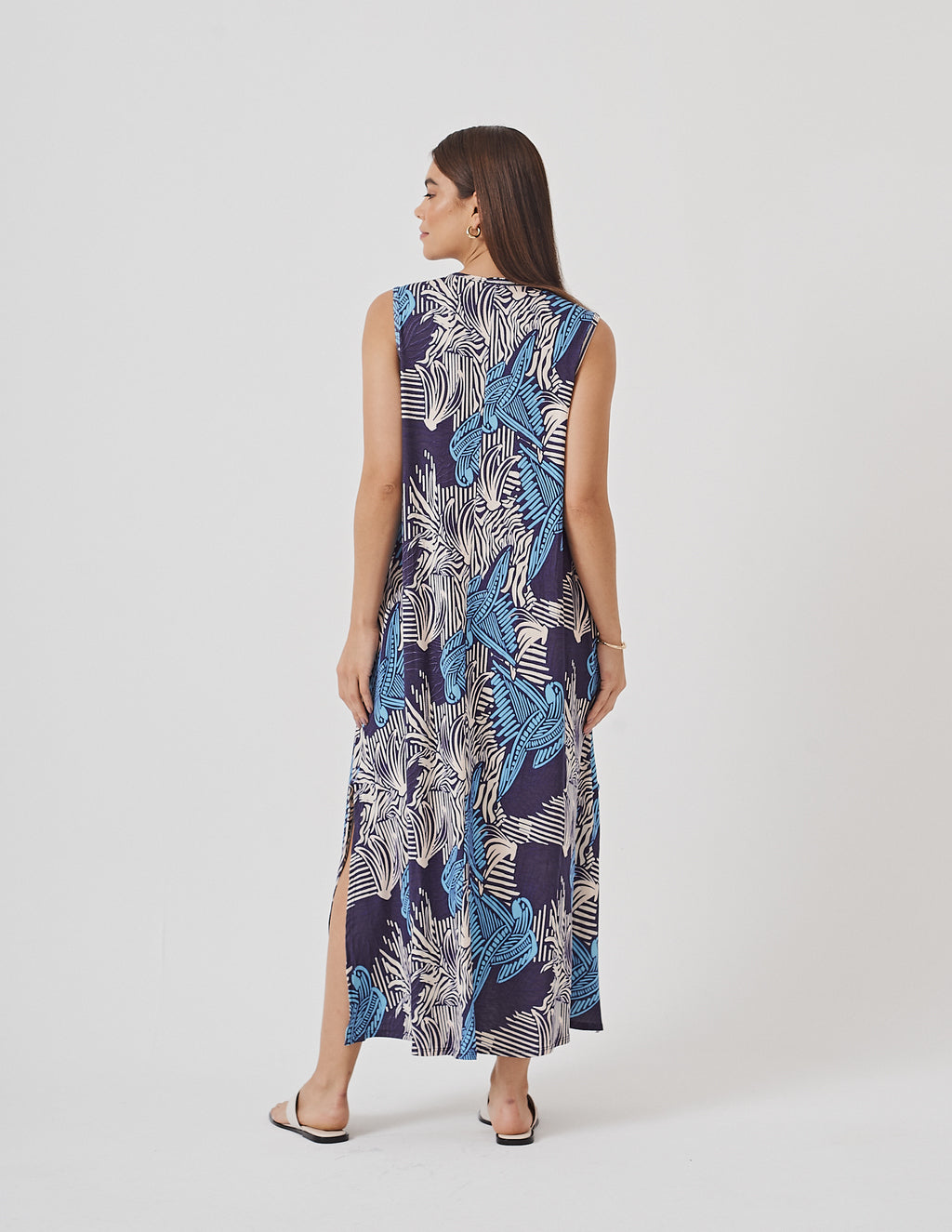 Vestido Clara Estampa Folhagem Tropical Azul