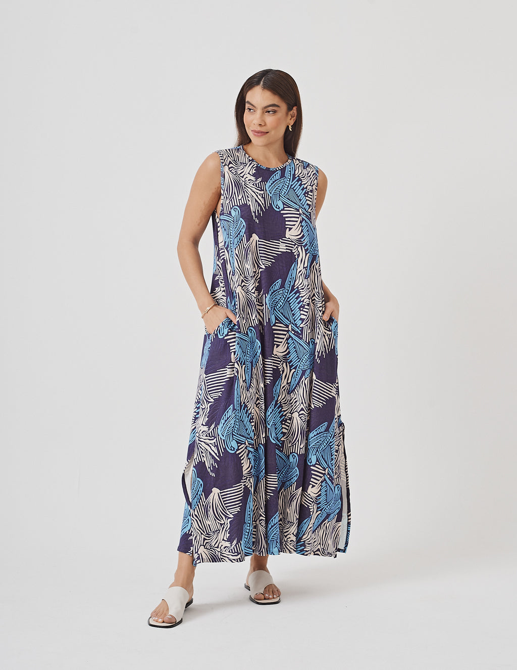 Vestido Clara Estampa Folhagem Tropical Azul