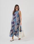 Vestido Clara Estampa Folhagem Tropical Azul