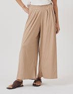 Calça Pantalona Cropped Vera em Malha Canelada Bege